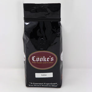 1-pound glossy black bag of Cooke's coffee, labeled "Italian".