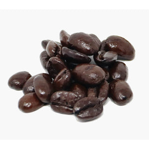 A small pile of coffee beans dark brown in colour from roasting, on a white background.