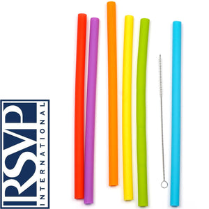 Reusable 10" Silicone Smoothie Straws - Set of 6 + Cleaning Brush